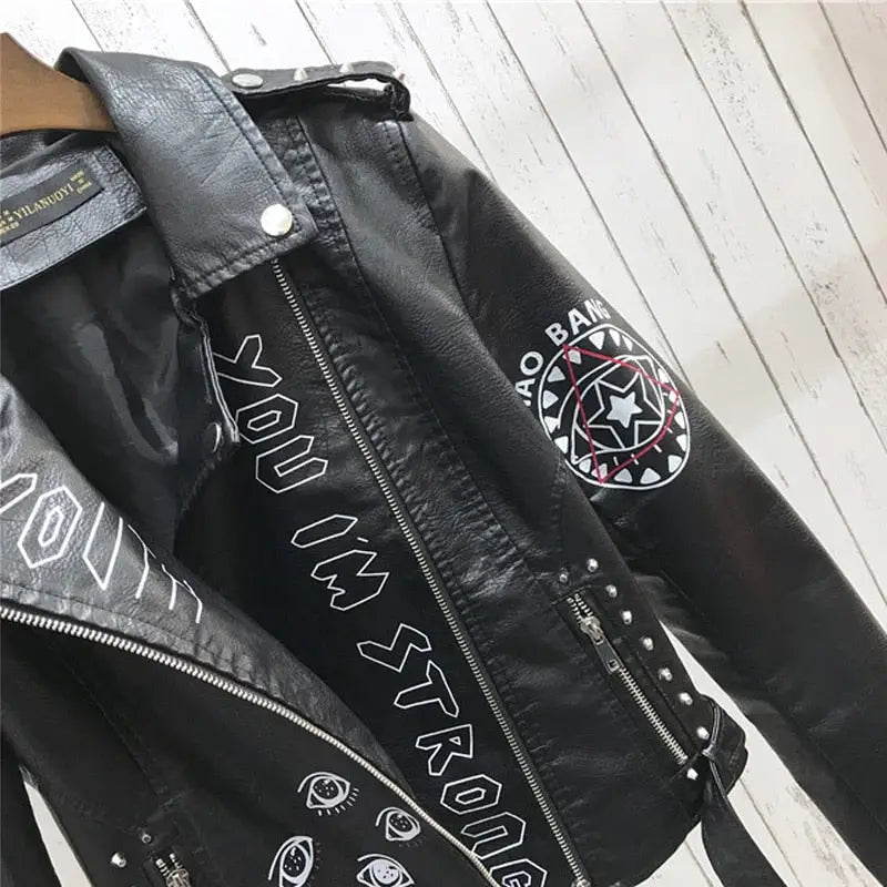 Letter Print Studded Motorcycle Jacket