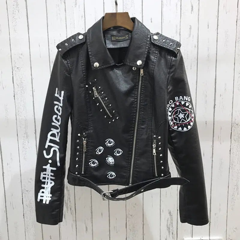 Letter Print Studded Motorcycle Jacket