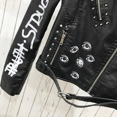 Letter Print Studded Motorcycle Jacket