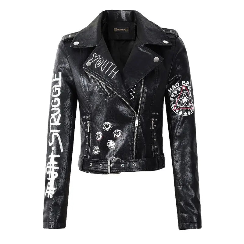 Letter Print Studded Motorcycle Jacket - Black / S