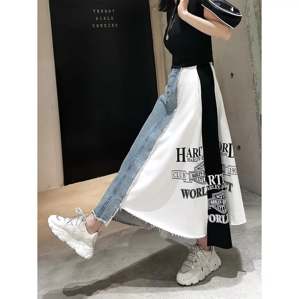 Letter Printing Spell Denim Skirt Loose