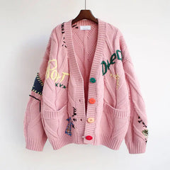 Letters Embroidery Knitted Cardigan Sweater