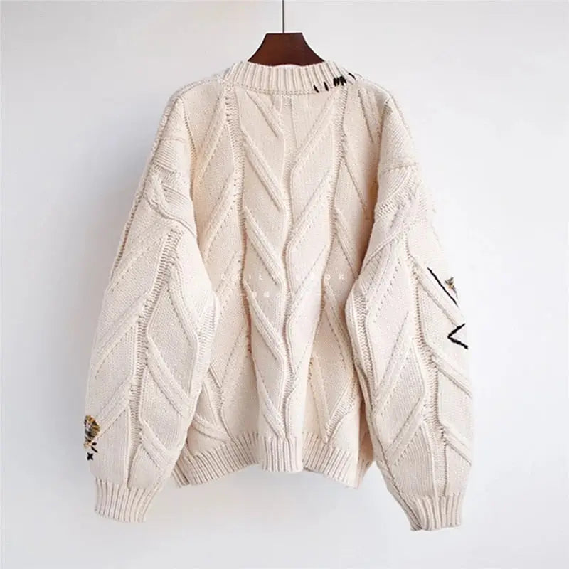 Letters Embroidery Knitted Cardigan Sweater