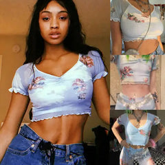 Lettuce Trim See Through Floral Angel Crop Top