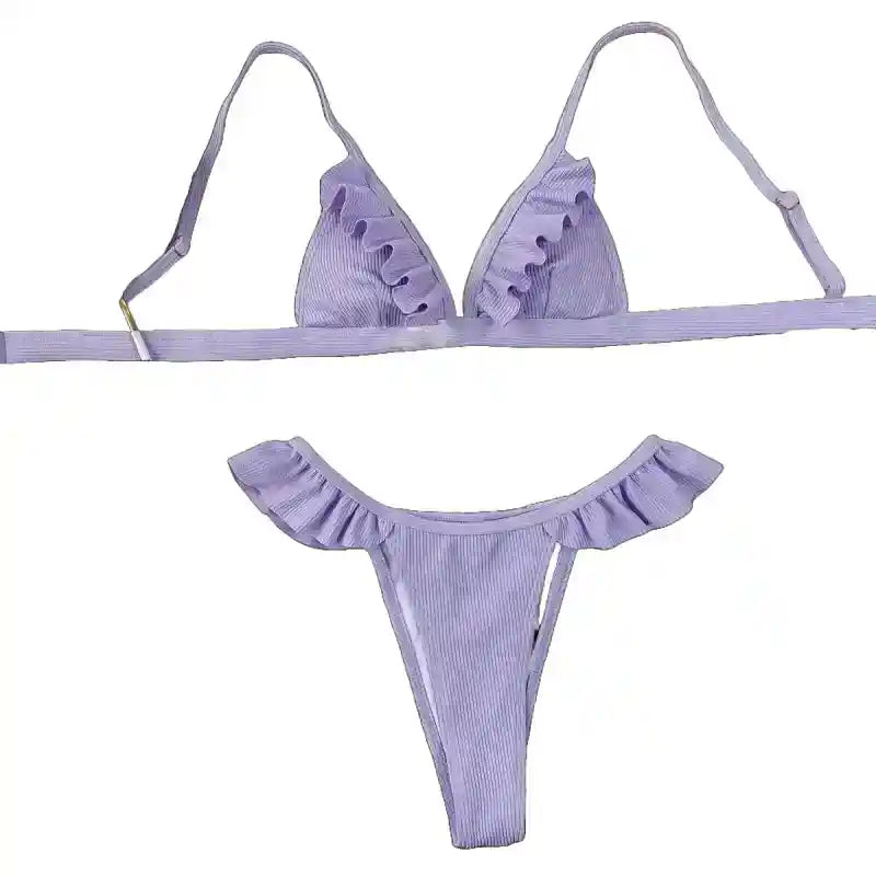 Light Purple Ruffle Striped Swimsuit Set - S - Bikini