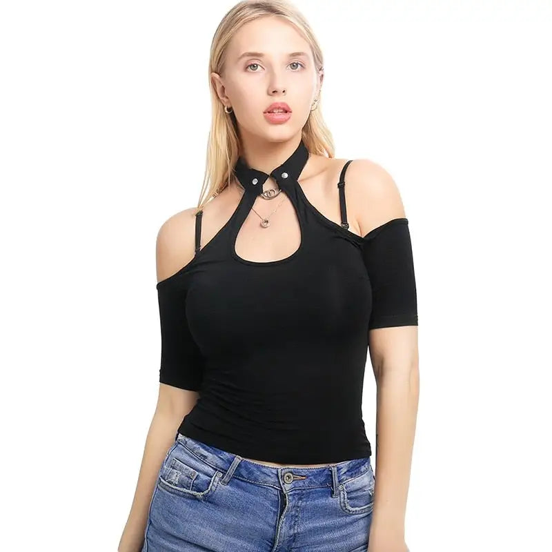 Lightweight Gothic Punk Crop-Top for Casual Wear Black / S