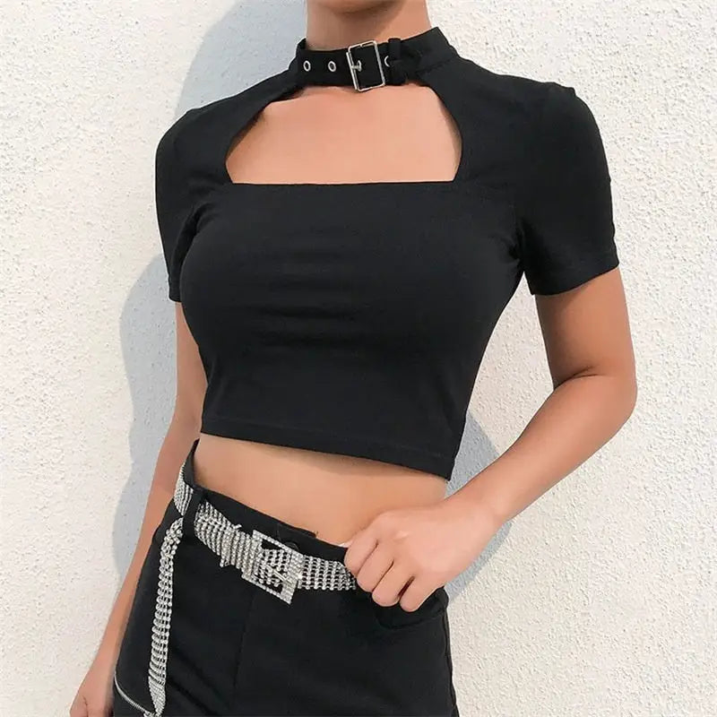 Lightweight Gothic Punk Crop-Top for Casual Wear Black2 / S