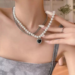 Link Chain Pearl Heart Pendant Necklace - Double-Deck