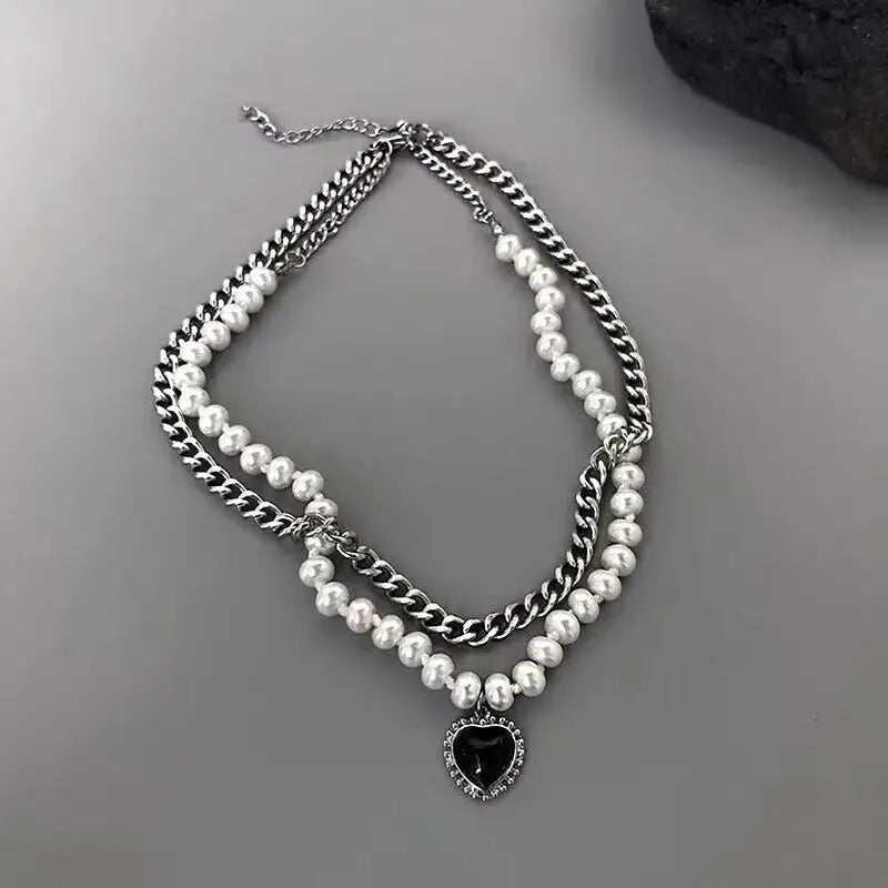 Link Chain Pearl Heart Pendant Necklace - Necklaces