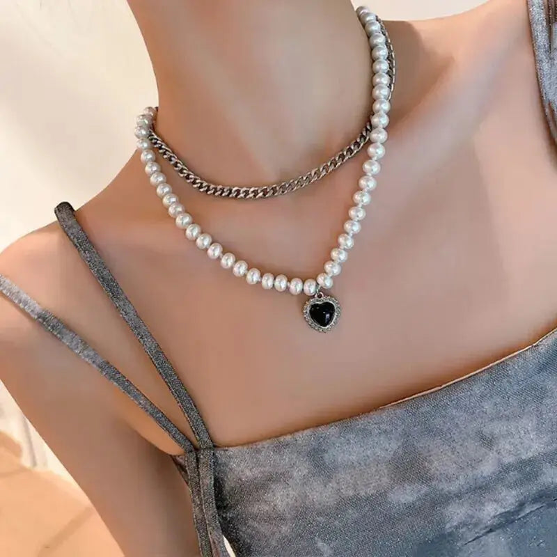 Link Chain Pearl Heart Pendant Necklace - Necklaces