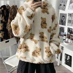 Little Bear Pattern Furry Oversize Hoodie