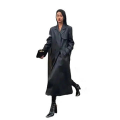 Long Black Faux Fur Trench Coat with Belt