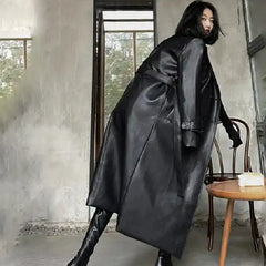 Long Black Faux Fur Trench Coat with Belt