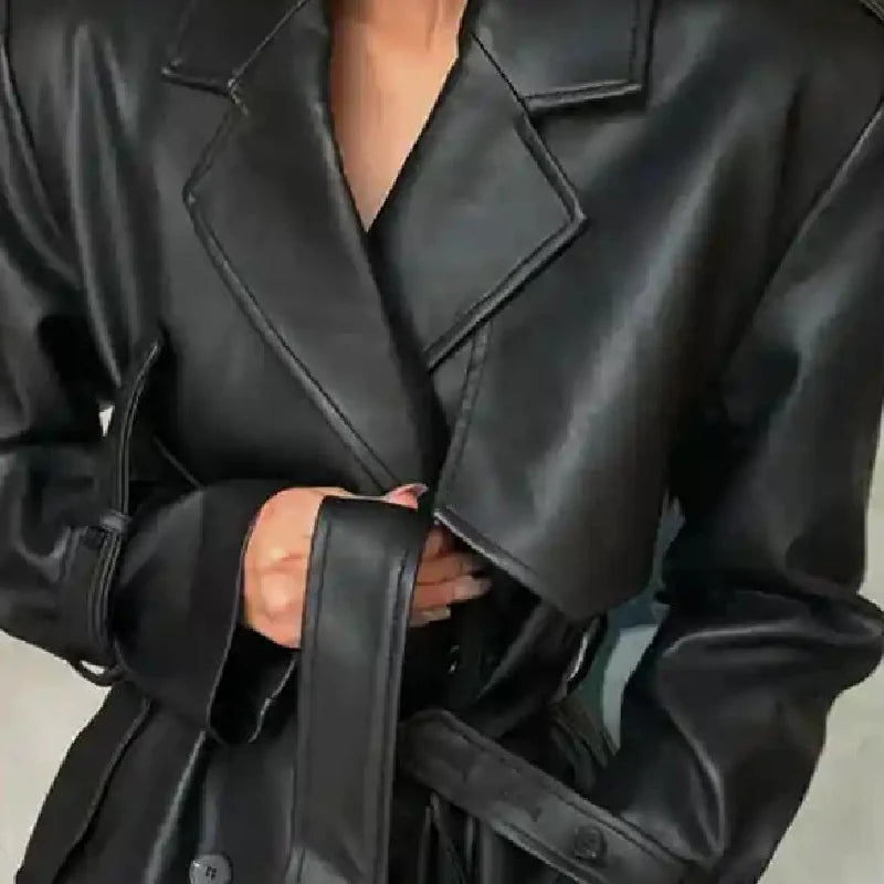 Lautaro Spring Autumn Long Black Soft Pu Leather Trench