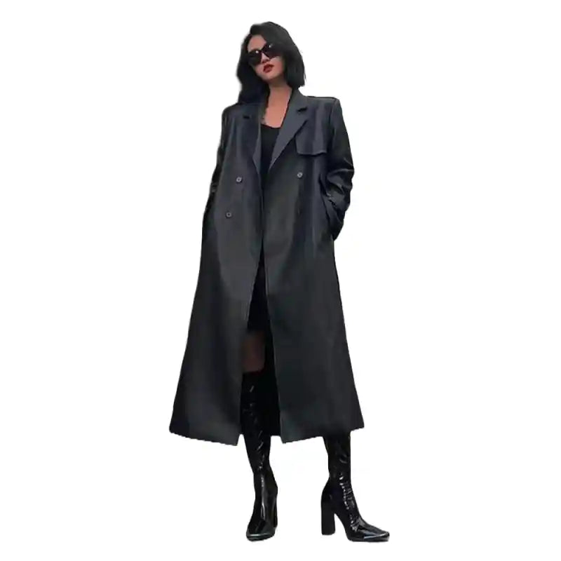 Long Black Faux Fur Trench Coat With Belt and Double Button