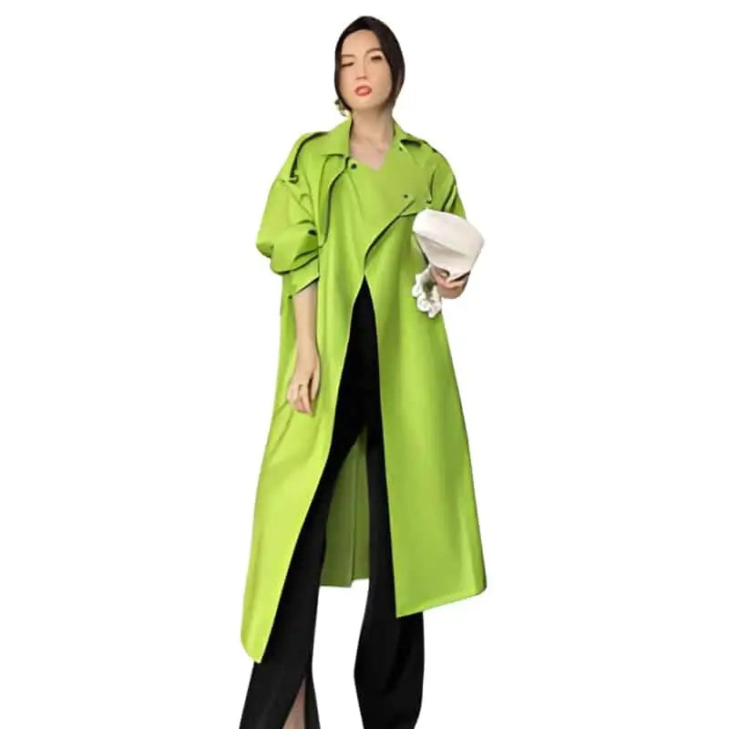Long Bright Trench Belt Loose Coat - Green / S
