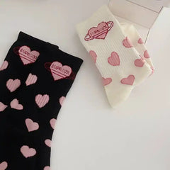 Long Cotton Lolita Socks with Red Hearts
