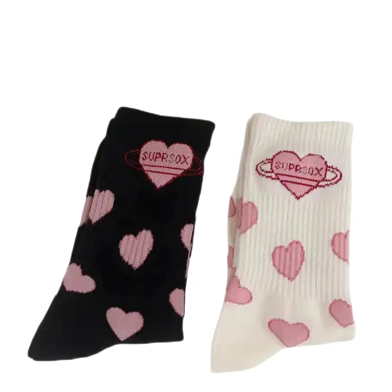 Long Cotton Lolita Socks with Red Hearts and Solid Color