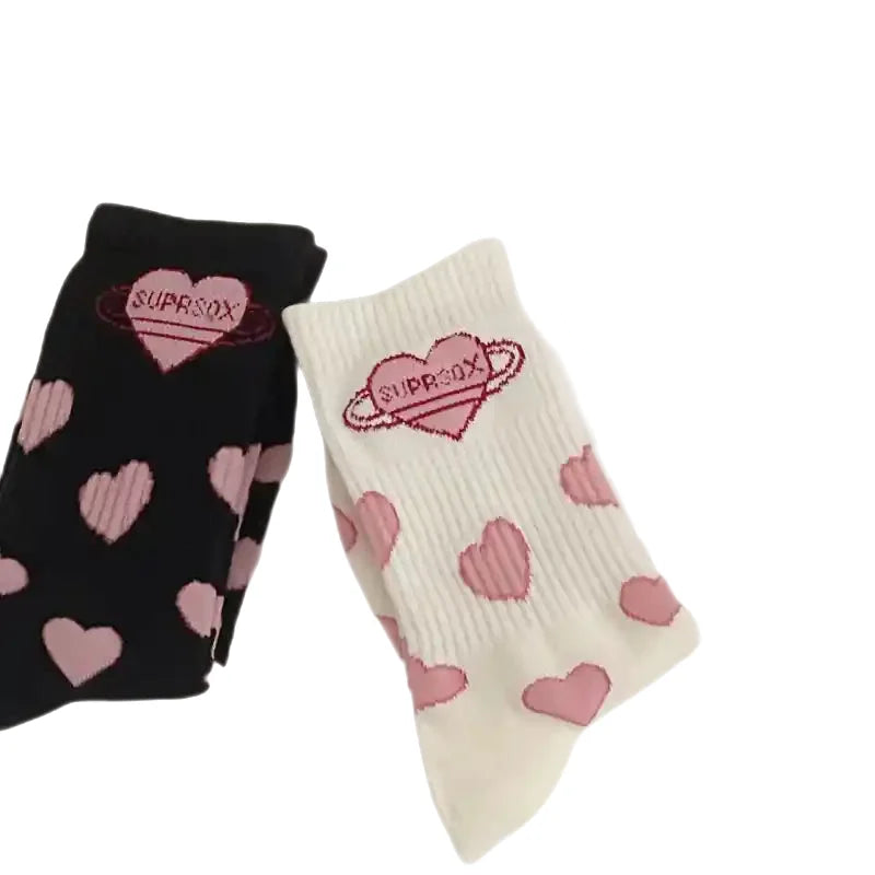 Long Cotton Lolita Socks with Red Hearts and Solid Color