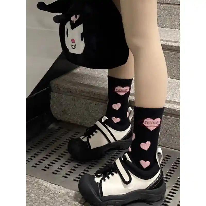 Long Cotton Lolita Socks with Red Hearts Black Heart