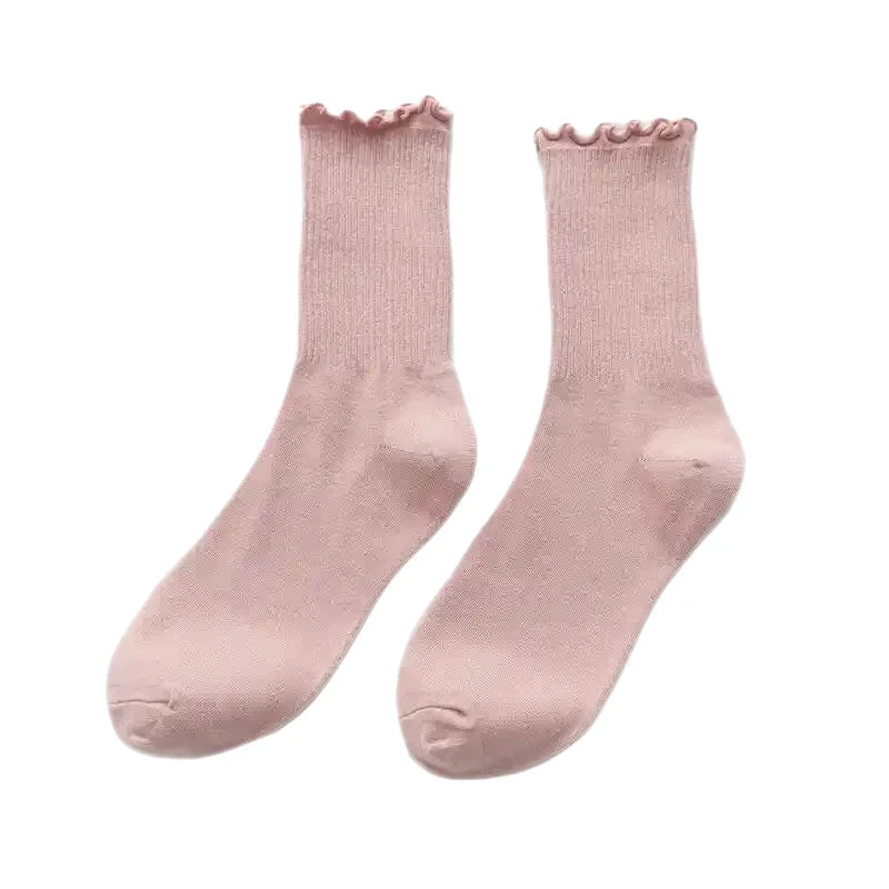 Long Cotton Lolita Socks with Red Hearts Pink / One Size