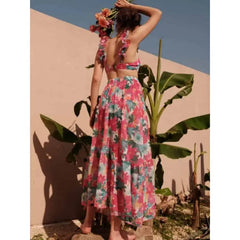 Long Dress with Printed Ruffles on Shoulders