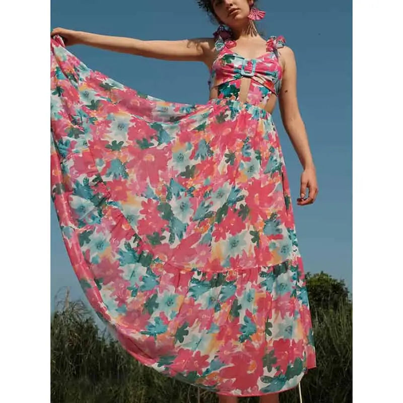 Long Dress with Printed Ruffles on Shoulders