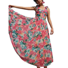 Long Dress with Printed Ruffles on Shoulders Pink / S