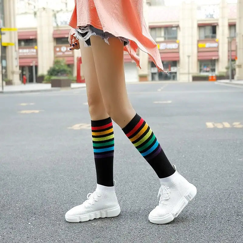 Long Highs Rainbow Funny Socks - Black. / One Size