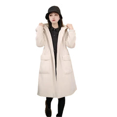 Long Loose Pocket Corduroy Hooded Thick Coat Light Khaki / S