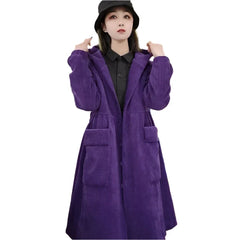 Long Loose Pocket Corduroy Hooded Thick Coat Purple / S