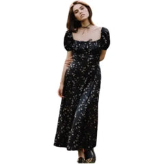Long Short Sleeve Floral Dress - Black / S