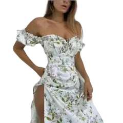 Long Short Sleeve Floral Dress - White/Green / S