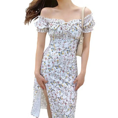 Long Short Sleeve Floral Dress - White / S