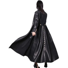 Long Skirted PU Leather Trench Coat - Black / S