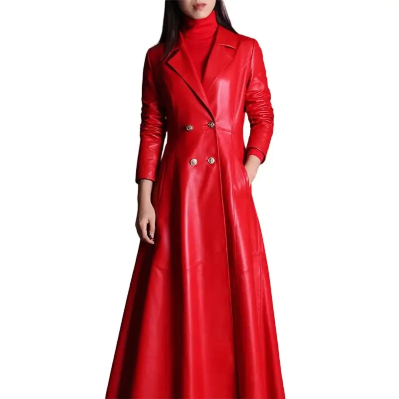 Long Skirted PU Leather Trench Coat for Women