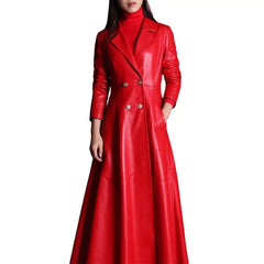 Long Skirted PU Leather Trench Coat for Women