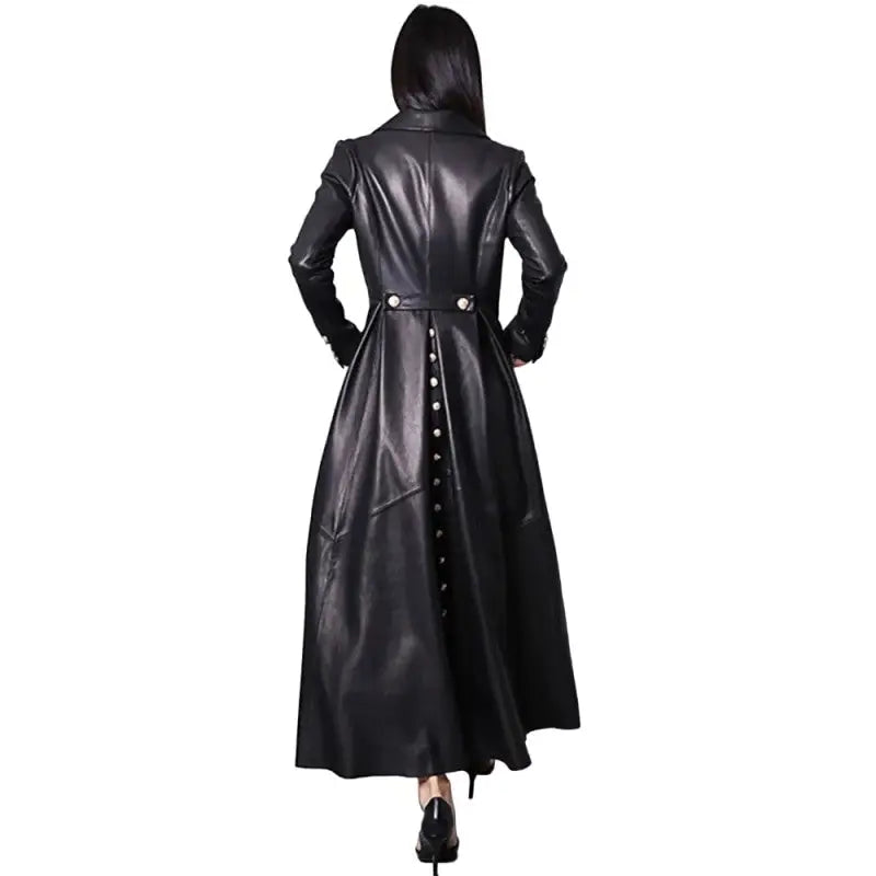 Long Skirted PU Leather Trench Coat for Women