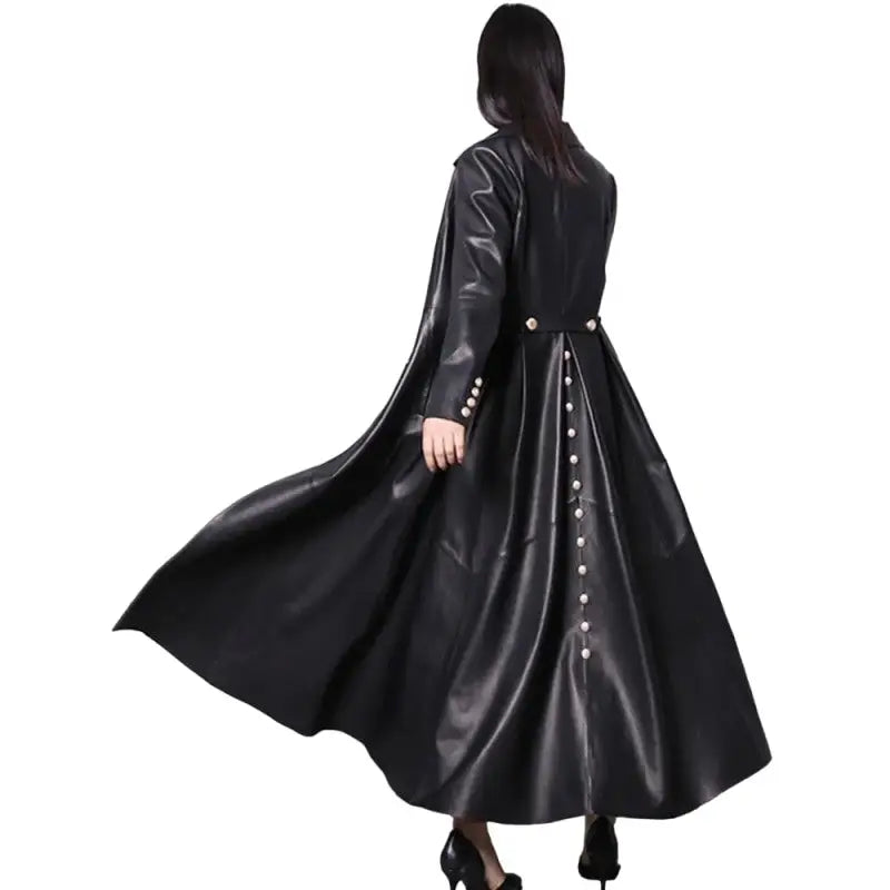 Long Skirted PU Leather Trench Coat for Women Black / S