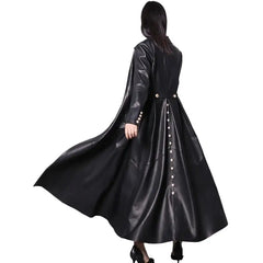Long Skirted PU Leather Trench Coat for Women Black / S