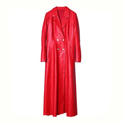 Long Skirted PU Leather Trench Coat - Red / S