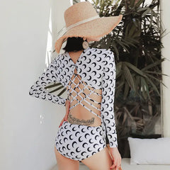 Long Sleeve Backless Strappy Crosses Swimsuit