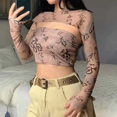 Long Sleeve Buckle Mesh Crop Top