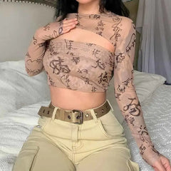 Long Sleeve Buckle Mesh Crop Top