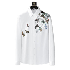 Long Sleeve Butterfly Print Shirt - White / M - Shirts