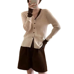 Long Sleeve Button Up V Neck Knit Cardigan Beige / One Size