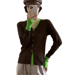 Long Sleeve Button Up V Neck Knit Cardigan Coffee / One Size