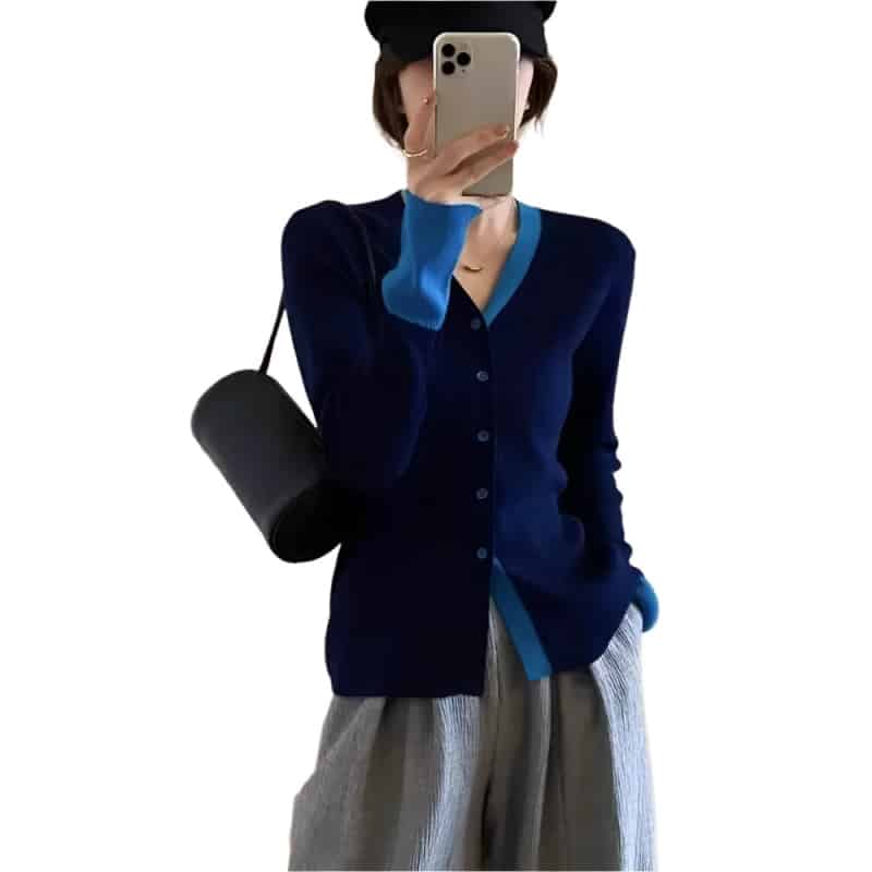 Long Sleeve Button Up V Neck Knit Cardigan Dark Blue