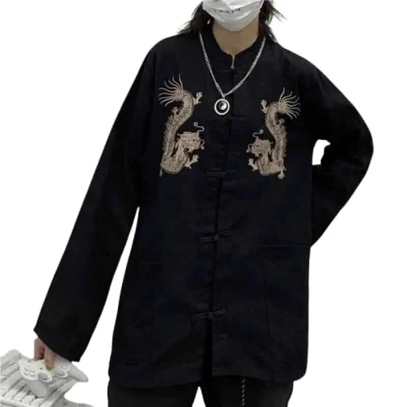 Long Sleeve Buttoned Dragon Embroidered Shirt