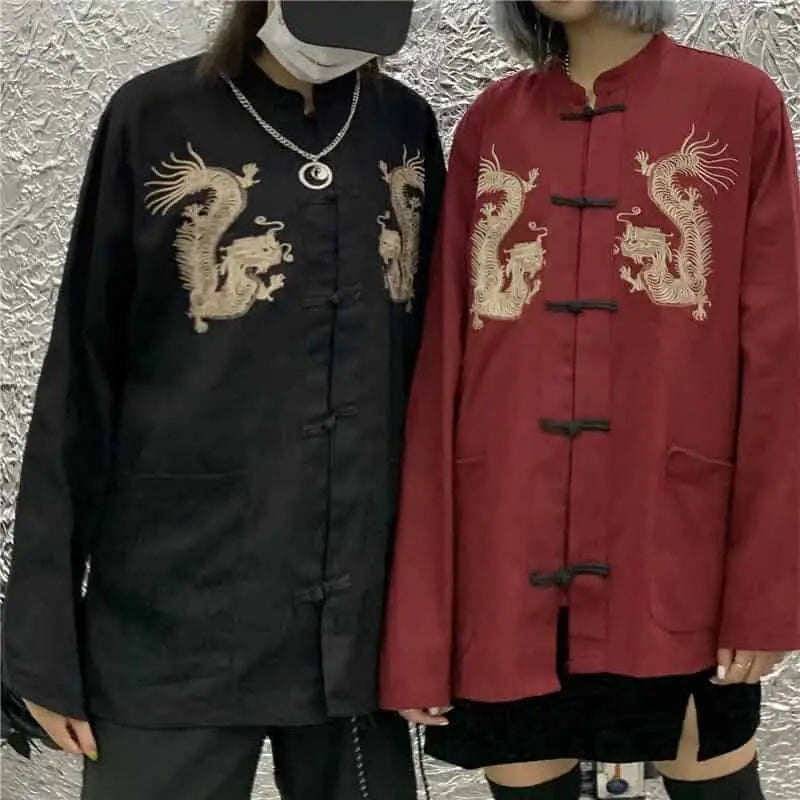 Long Sleeve Buttoned Dragon Embroidered Shirt